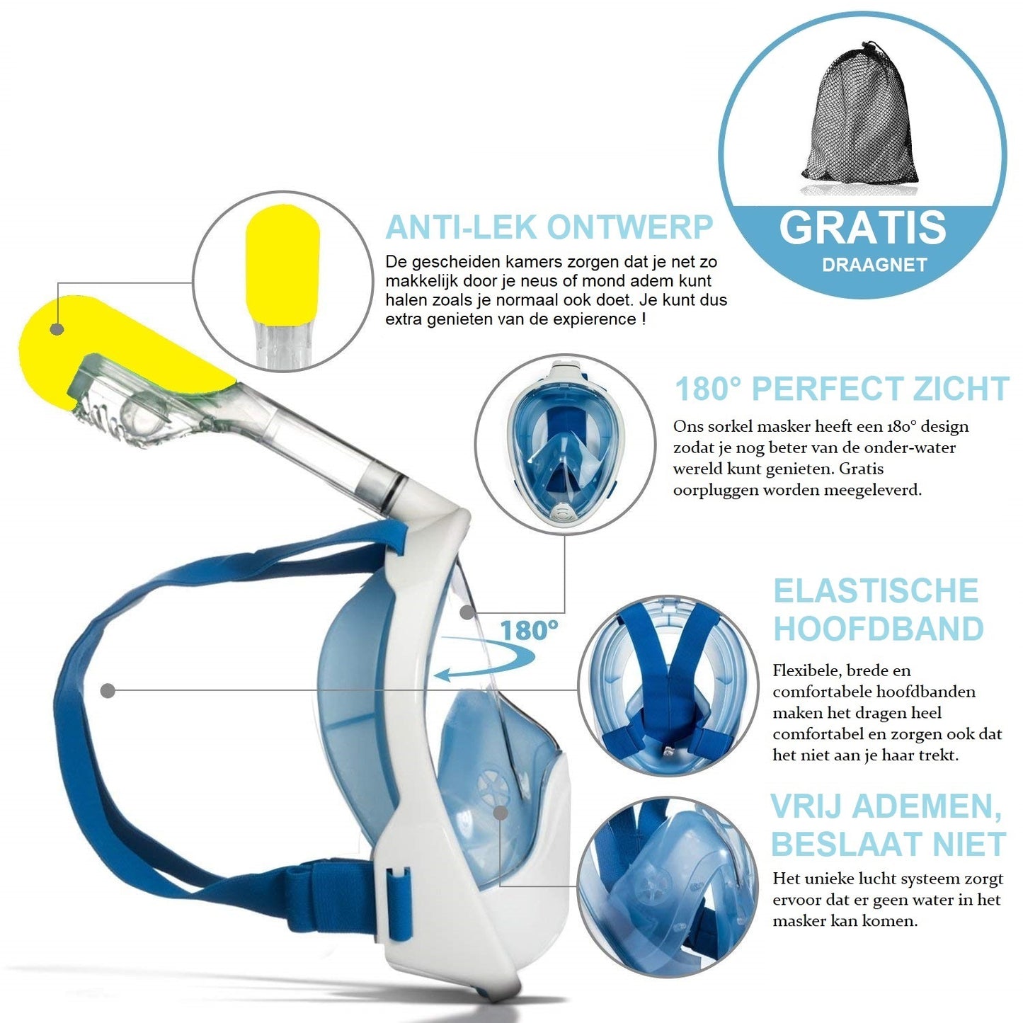 Campingwise Full face duikmasker - snorkelmasker - blauw - maat S/M - met Draagnet