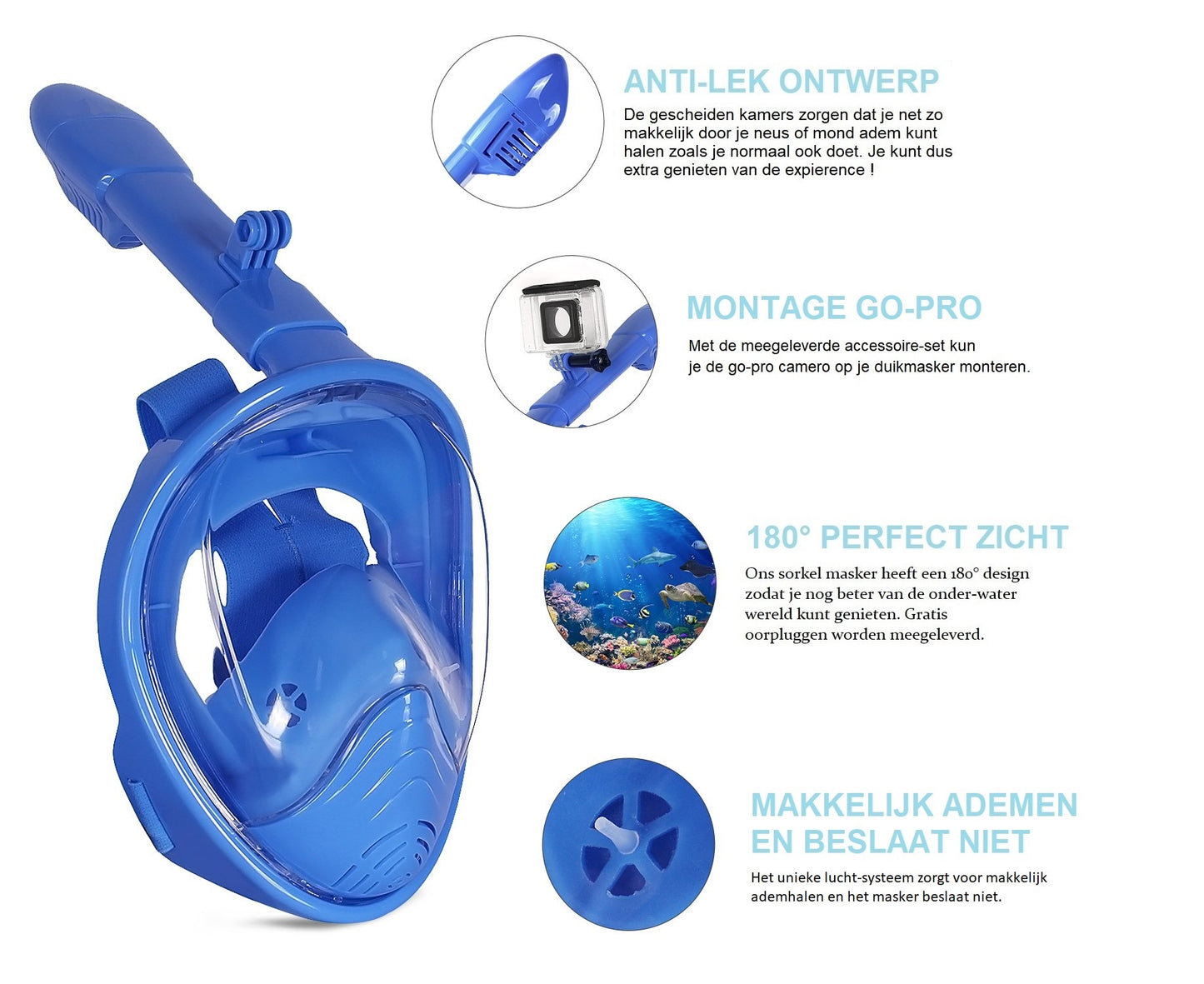Campingwise full face snorkelmasker - voor KIDS - Blauw - Maat XS