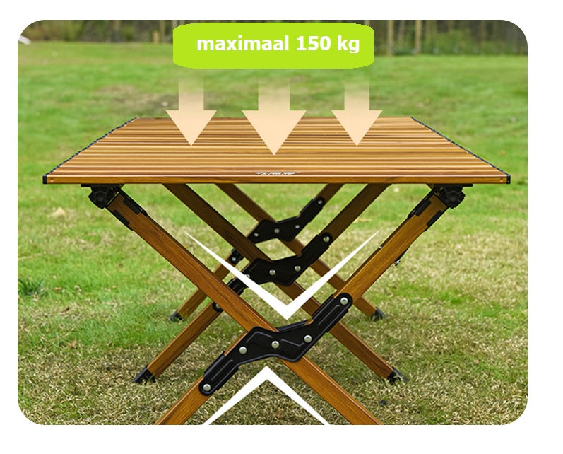 Campingtafel | middelhoog | volledig van aluminium met houtprint | oprolbaar blad | lichtgewicht en compact
