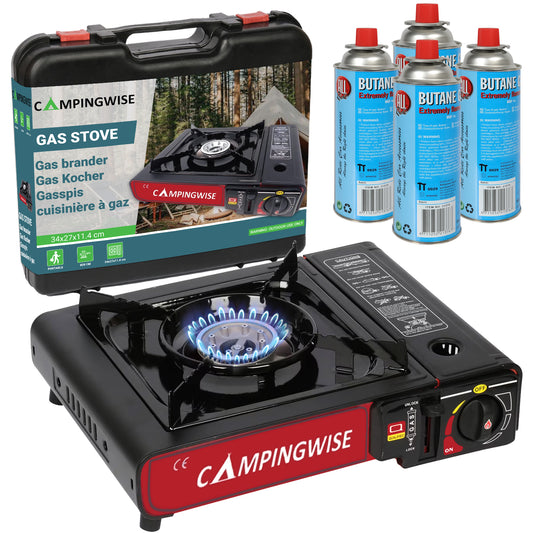 camping kooktoestel op gas - 1-pits - inclusief opbergkoffer - inclusief 4 gasbussen