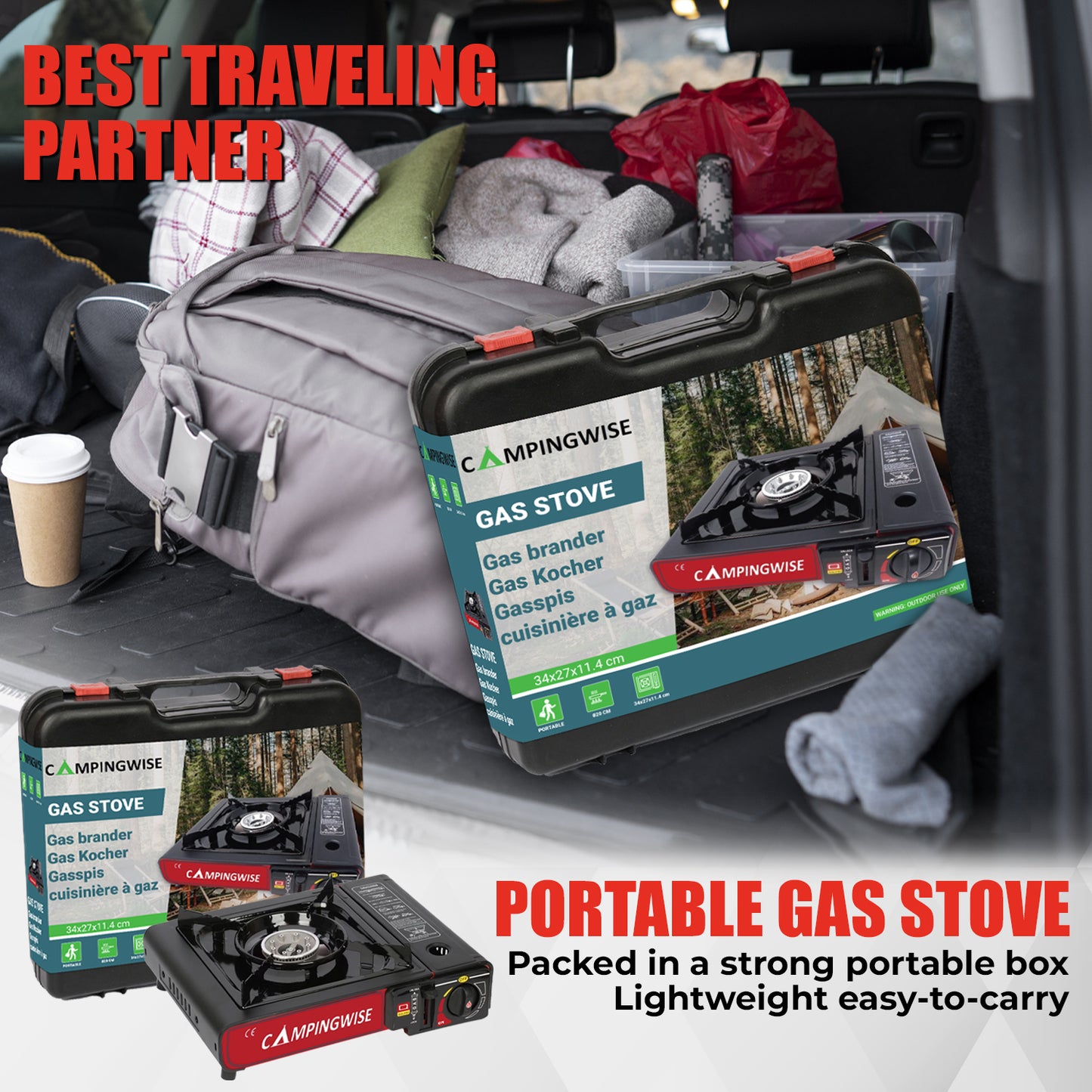 camping kooktoestel op gas - 1-pits - inclusief opbergkoffer - inclusief 4 gasbussen