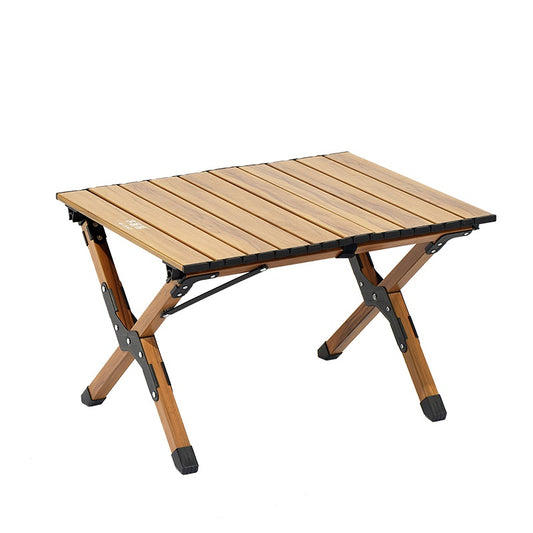 Campingtafel | middelhoog | volledig van aluminium met houtprint | oprolbaar blad | lichtgewicht en compact